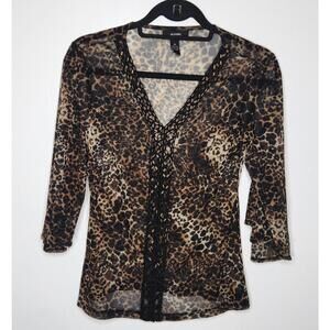 Alfani Shirt Womens XS Leopard Animal Print Sheer V Neck Beaded Boho Party Top